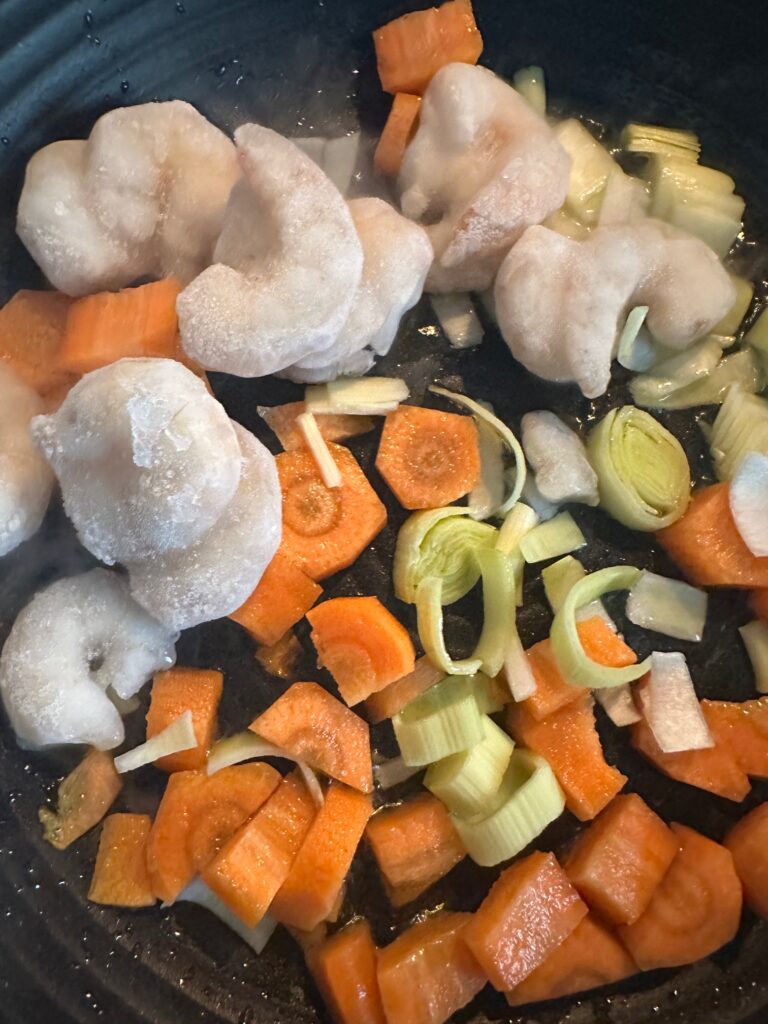 shrimp, carrot and leek