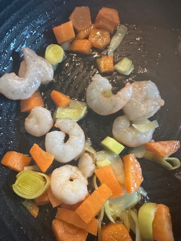 shrimp, carrot and leek