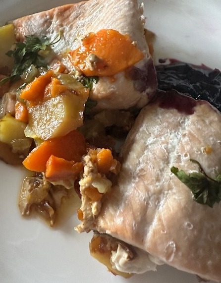 Blueberry Salmon with Roasted Veggies (Potato, Sweet Potato, Celery & Onion)